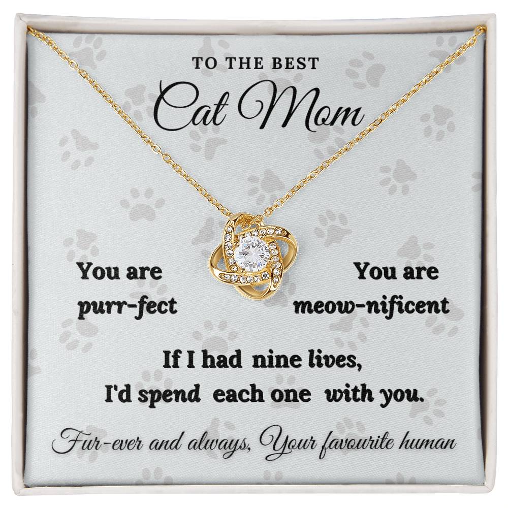 To The Best Cat Mom Love Knot Necklace White Paw Backround