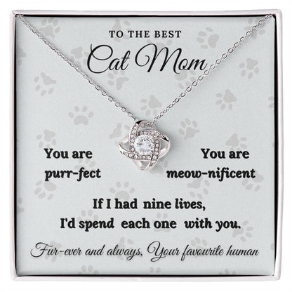 To The Best Cat Mom Love Knot Necklace White Paw Backround